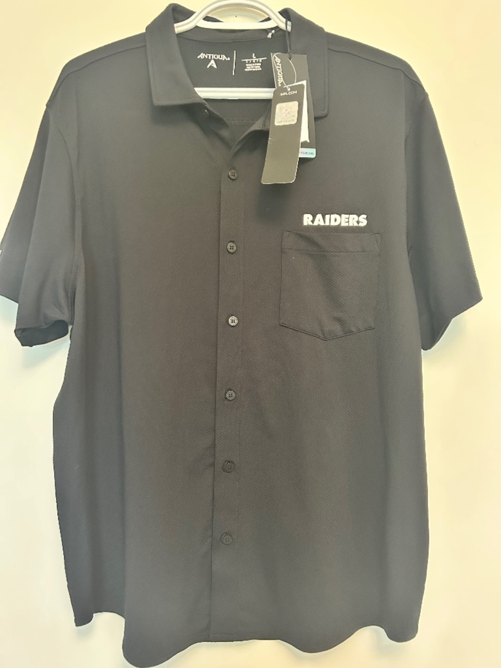 NWT Antigua NFL Las Vegas Raiders Black Button Down Polo Camp Shirt Men Large